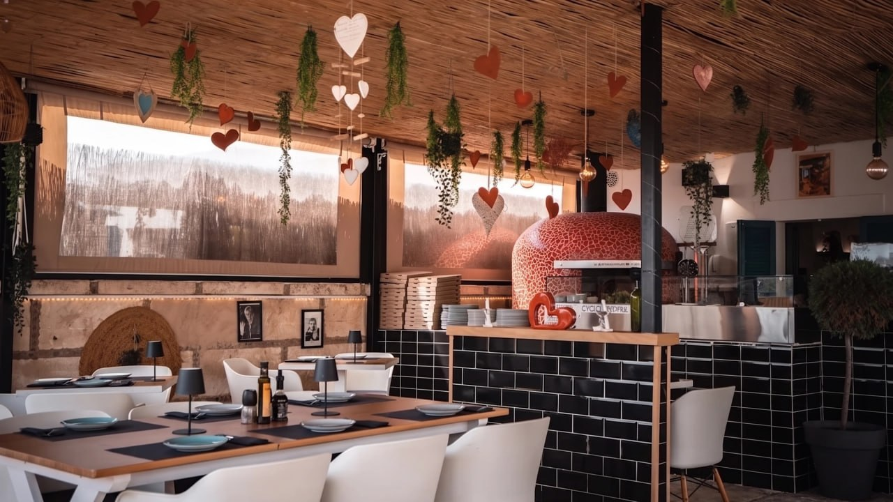 Gli interni di Amore Mio: la sala, i tavoli e il forno delle pizze